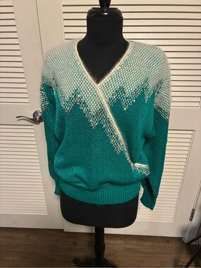 Vintage Teal and Cream V-Neck Chevron Knit Sweater